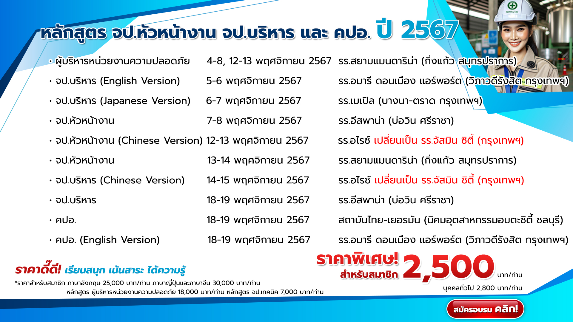 แผนการจัดอบรมหลักสูตร จป.หัวหน้างาน จป.บริหาร และ คปอ. ปี 2567